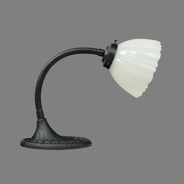 Restored 1930s Art Deco Swing Arm Milk Glass & Black Steel Desk Lamp