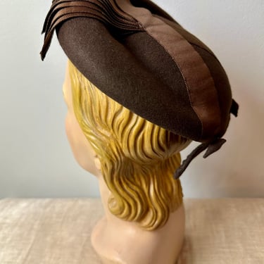 40’s chocolate brown Hat~ wool felt Silk ribbon Halo style hats 1940’s Pin up rockabilly WW2 ladies fashion Alice May NY Matching hat pins 