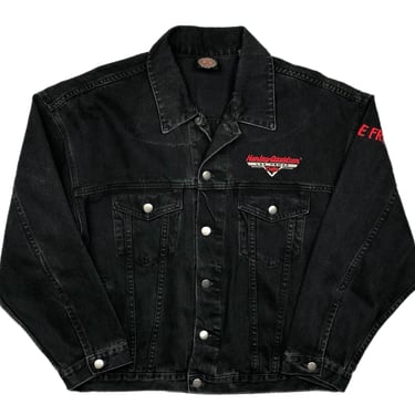 Vintage 90s Harley Davidson Cafe Las Vegas Embroidered Black Denim Double Sided Motorcycle/Biker Jacket Size Medium/Large 