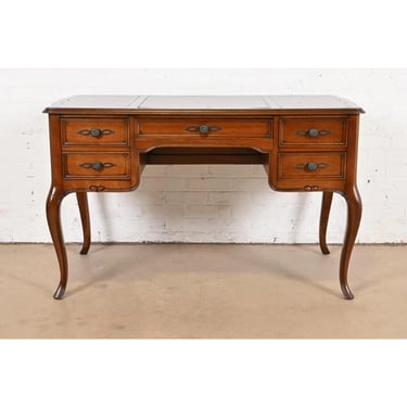 Sligh Furniture French Provincial Louis XV Carved Cherry Wood Leather Top Writing Desk, Circa 1960s