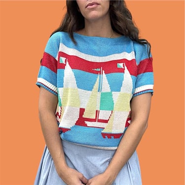 Vintage Pullover Sweater Retro 1980s Deadstock + Kenneth Too! + Size Large + Sailboats + Nautical + Sailing + Lightweight + Womens Apparel 