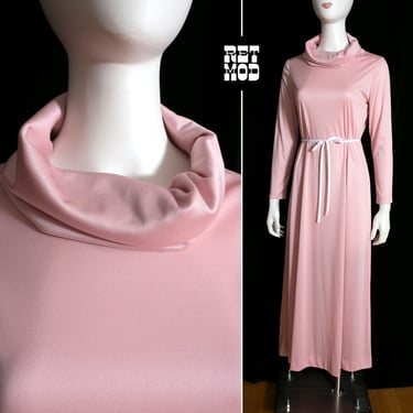 Chic Vintage 70s Dusty Light Pink Maxi Dress with Long Sleeves & Cowl Neck 