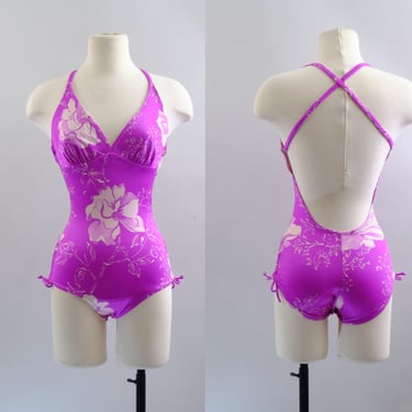 Vintage 80s Roxanne Swimsuit – Purple Floral One Piece – Perfection Fit – Size 10 / 32C – Made in USA 