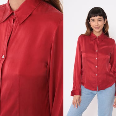 Red Silk Shirt 90s Long Sleeve Party Blouse Formal Button Up Shirt 1990s Vintage Retro Plain Minimal Top Small 6 