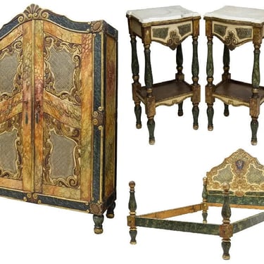 Antique Bedroom Set, Polychrome Marbelized Spanish, 4 Pc, 19th C, 1800s!!
