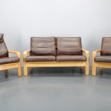 1970s L. Olsen & Søn Oak and Leather Living Room Set,Denmark / Mid-century / Vintage Sofa / 