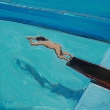 Original Artwork-Giclee-Archival Print-Pool Painting-Nude-Blue-Diver-Swimmer-Pool Painting-8x10 or 11x14-Angela Ooghe-Water-Impressionism 