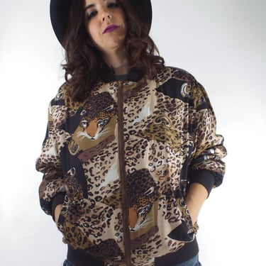 Vintage Silk Leopard Print Bomber Jacket 