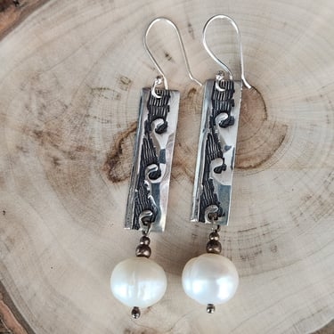 Sterling & Pearl Dangle Earrings~Artisan Earrings~Oxidized Sterling Silver 925~White Pearls 