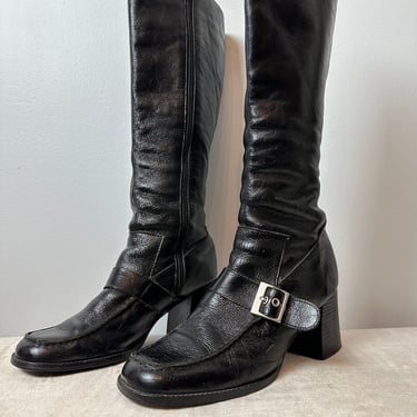 60’s inspired late 90’s tall black boots~ grunge style Rock n roll snug fitting stacked heel Pilgrim buckle~ size 8-81/2 