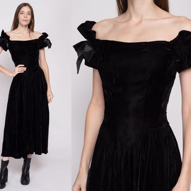 S| 80s 90s Black Velvet Off Shoulder Party Dress - Small | Vintage Moda International Fit Flare Gothic Midi Dress 