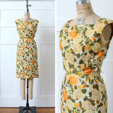 vintage early 1960s sequined rose dress • tailored sleeveless orange & green floral print dress 