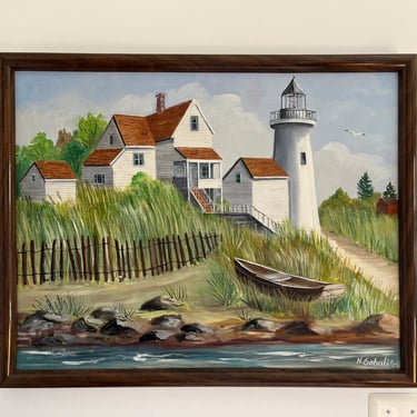 Original Painting Seaside Lighthouse Hans Gabali Long Island Artist Signed Framed Art 