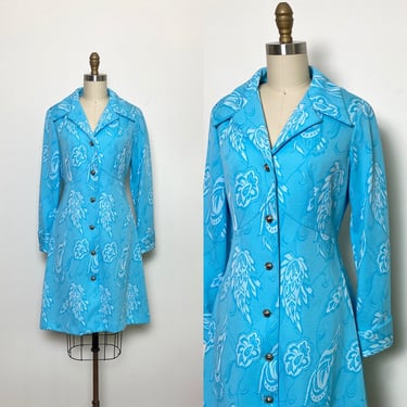 Vintage 1960s Dress 60s Coat Dress Jacquard Turquoise 