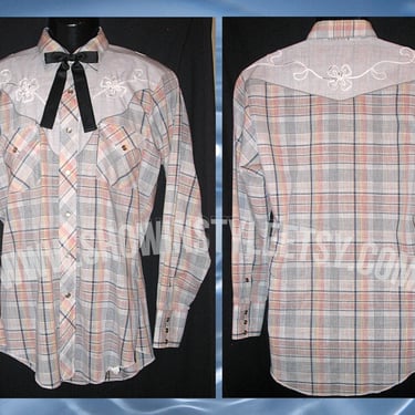 H Bar C Ranchwear Vintage Western Men's Cowboy, Rodeo Shirt, Blue Plaid, Embroidered Floral Designs, 15-33 Approx. Small (see meas. photo) 