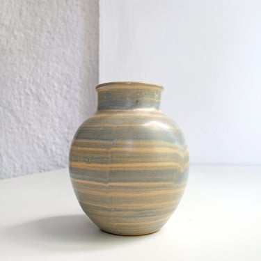 Vintage West German Round Pastel Powder Brown Blue Ceramic Vase Retro Mid Century Modern Ball Modernist Minimalist Elegant Pottery Art Beige 