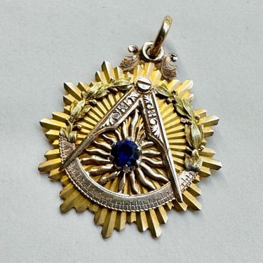 Impressive Antique 14K Tricolor Gold Sapphire Masonic Sunburst Fob Medallion 10g 