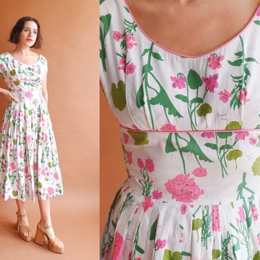 Vintage 50s Botanical Drawing Cotton Dress/ 1950s Fit Flare Pink Green Summer Dress/ Size small 26 