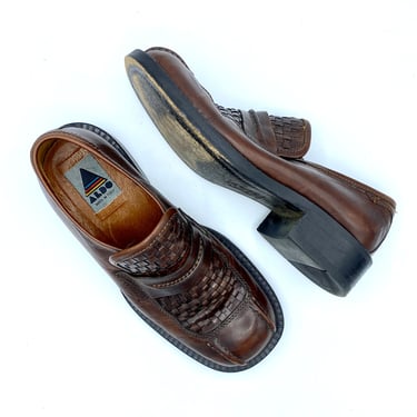 Vintage 1970s 1980s Mens Brown Leather Shoes, Funky Aldo Woven Loafers, Slip-On Disco Shoes w/Chunky Heel, Made in Italy, US 7 1/2 / EUR 40 