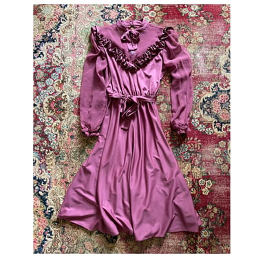 Vintage ‘70s mauve chiffon party dress |  dusty plum, ruffles & bow, S/M 