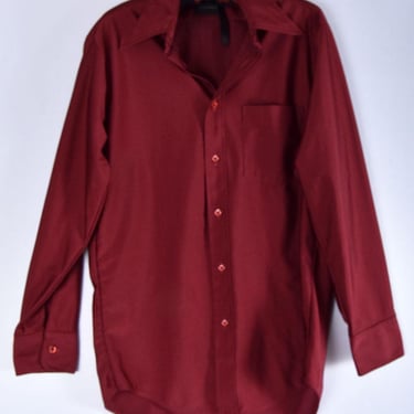 1970s Men's Polyester Disco Shirt, Maroon Oxblood Red Purple, Button Down, Oxford, Towncraft, 42