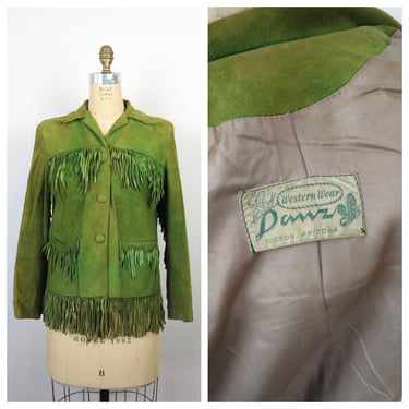 Vintage 1940s 1950s women's suede fringe jacket western wear cowgirl rare green leather 