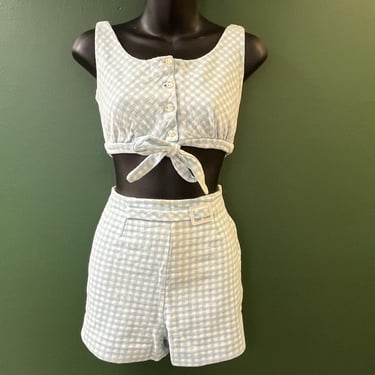 1960s gingham playsuit Gidget blue beach crop top and shorts small 