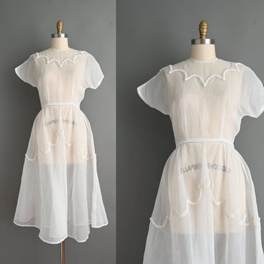 Vintage 1950s Dress | vintage 1950s Dove White Sheer Organza Dress | Small 