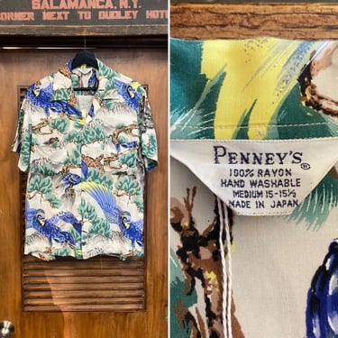 Vintage 1960’s “Penney’s” Asian Eagle Rayon Tiki Hawaiian Shirt, 60’s Loop Collar, Vintage Clothing 