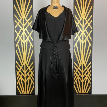 1920s 2 piece set, flapper style, dress with capelet, black rayon, anitique dress, harlequin, flutter sleeves, 1930s dress, art deco, medium 
