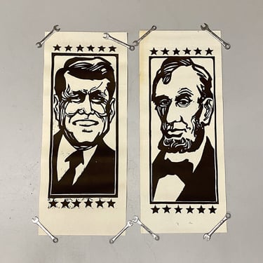 1960s Presidential Woodcut Prints on Thick Paper - Set of 12 - Vintage Wall hangings - JFK - Abraham Lincoln - Ike - Rare Street Art Funky 