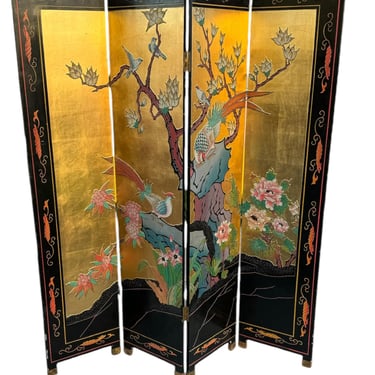 Vintage Asian Gold Leaf and Lacquer 4 Panel Screen