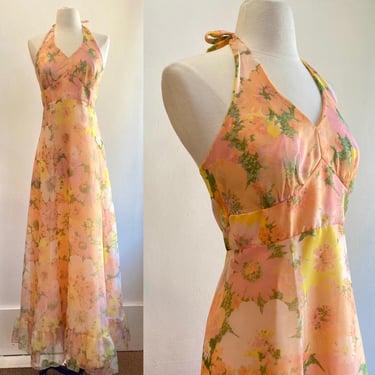 Vintage 70s Maxi Dress / Backless Halter Dress / Sheer Floral Chiffon  + Lined / Deep V Neck + Empire Waist + Ruffle Hem 