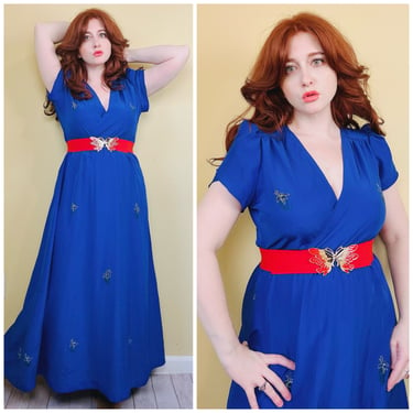 1980s Vintage Royal Blue Floral Wrap Front Dress / 80s Disco Floral Flutter Sleeve Maxi Gown / Medium 