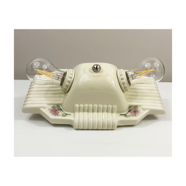 Refurbished Antique Porcelier Dual Light Flush Mount Ceiling Fixture - Lavender Lilies - 1930 Deco Period 