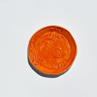 ceramic trinket dish. orange sun 01. ring or jewelry tray. glazed stoneware. 4 inch plate. 