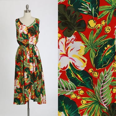 Carol Anderson dress | Vintage 90s tropical floral Hibiscus rayon midi dress 