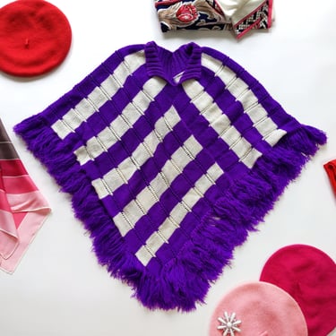 GORGEOUS Vintage 60s 70s Purple & White Stripe Knit Poncho with Fringe 