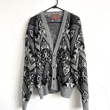 Vintage 90s Black and White Abstract Print Leather Detail Cozy Knit Cardigan 