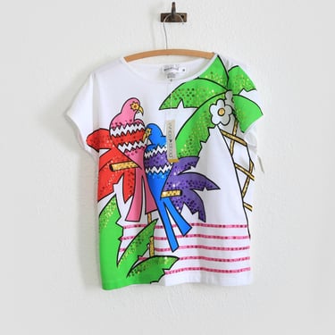 80s sequin beach T-shirt | 1980s 90s deadstock White Stag tropical sequin shirt 