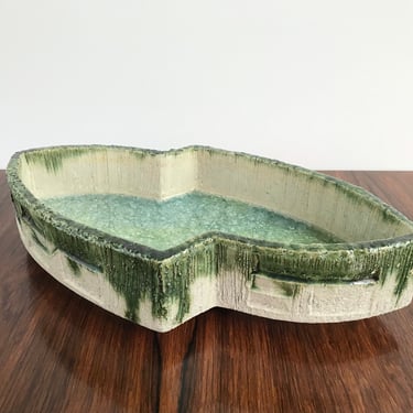 Modernist Mid Century Japanese Ikebana Pottery Bowl with Fused Glass Bottom 