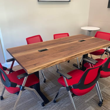 Live Edge Walnut Wood Conference Table with reclaimed wood top and steel A frame legs in Oil Finish 