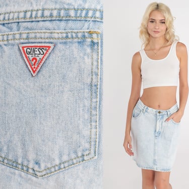 80s Jean Skirt Guess Jeans Acid Wash Denim Mini Skirt Jeans Light Blue High Waisted Skirt Retro Vintage 1980s Pencil Skirt Small S 