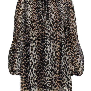 Ganni - Black, Brown & Tan Leopard Print Babydoll Dress w/ Puff Sleeves Sz L