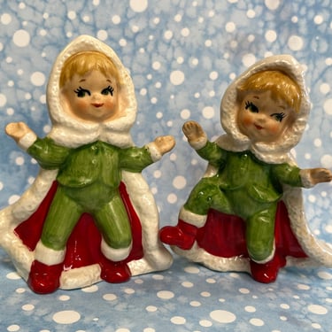 Lefton Christmas girls vintage 1950s pixie caped ceramic figurine pair 