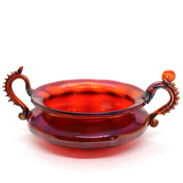 1920's Vintage Small Italian Venetian Glass Iridescent Ruby Red Two-Handle Bowl 