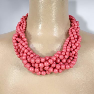 VINTAGE 50s 60s Coral Gumball Braided 6 Strand Bead Necklace | 1950s 1960s Mid Century Beaded Multi Strand Twist Bib Necklace Jewelry | VFG 