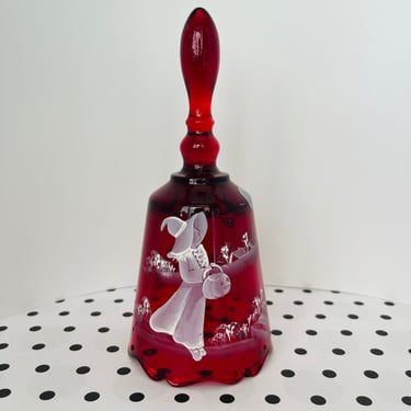 Vintage Fenton Witch and Pumpkins Hand Painted Ruby Red Glass Bell Signed with Sticker 