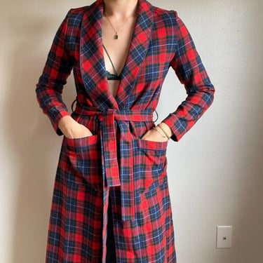 Vintage Womens Pendleton 100% Wool Red Blue Plaid Flannel Bath Long Robe Sz S 
