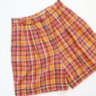 90s High Waist Pleated Linen Shorts S M 26-30 Waist  - Orange Pink Madras Plaid Preppy  Long Shorts - Mom Bermuda Shorts 